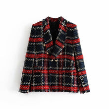 Cargar imagen en el visor de la galería, Red Plaid Blazer 2019 Women Spring-Autumn Vintage Tweed Suits Jackets Office Ladies Chic Slim Blazers Girls Tassel Tops Set Coat
