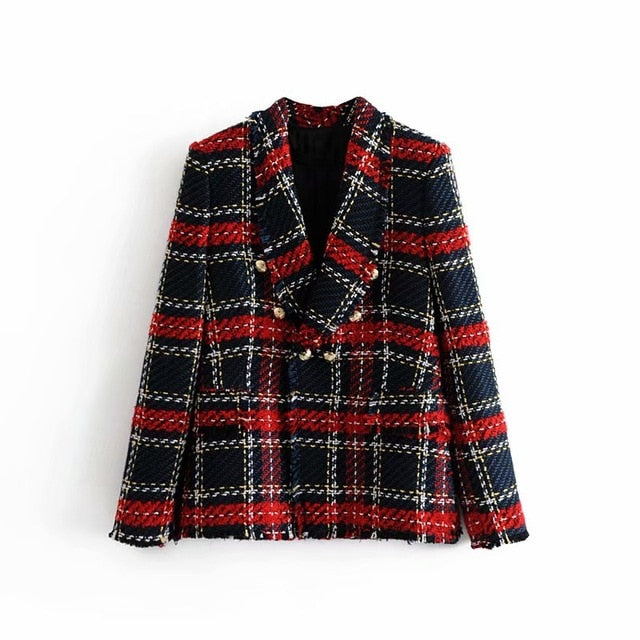 Red Plaid Blazer 2019 Women Spring-Autumn Vintage Tweed Suits Jackets Office Ladies Chic Slim Blazers Girls Tassel Tops Set Coat